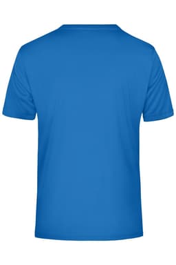 A blue men's T-shirt with a round neck and short sleeves, featuring a logo on the back.