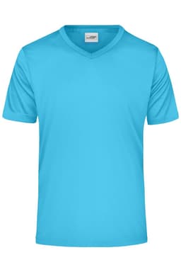 A light blue men's active t-shirt with a v-neck design and short sleeves. It features a logo.