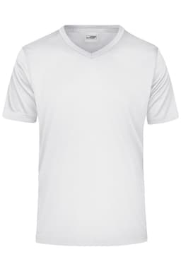 A plain white V-neck men's T-shirt featuring short sleeves and a logo on the label.
