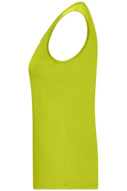 A bright lime green ladies active tank top with a sleeveless design and a round neckline. It features a logo.