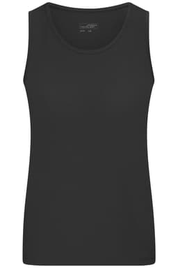 A black active tank top featuring a fitted design and a rounded neckline. It has a logo on the label.
