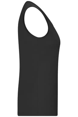 A black ladies active tank top featuring a sleeveless design and a fitted silhouette. It includes a logo.