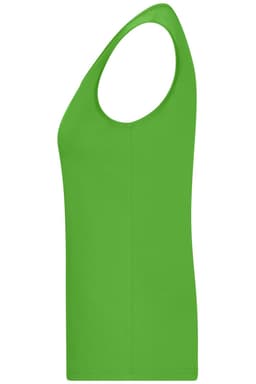 A green ladies active tank top with a sleeveless design and a fitted silhouette. It has a logo on the side.