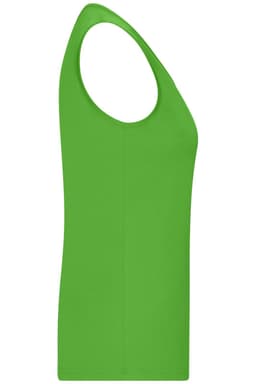 A green ladies active tank top with a sleeveless design and a fitted silhouette. It features a logo.