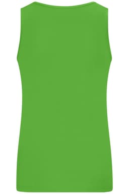 A vibrant green ladies active tank top featuring a sleeveless design and a back view. It has a logo.
