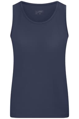 A navy ladies' active tank top with a sleeveless design and a simple logo.