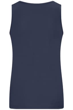 A navy blue active tank top with a sleeveless design and a logo on the back.