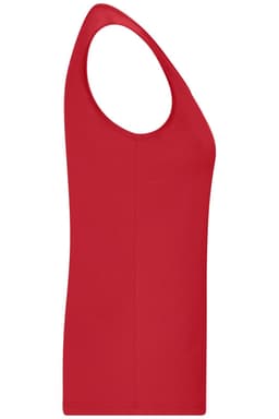 A red ladies active tank top with a sleeveless design and a fitted silhouette, featuring a logo.