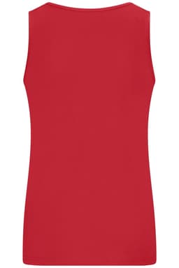 A red ladies active tank top with a sleeveless design and a round neckline. It features a logo.