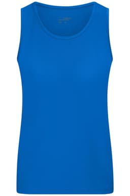 A blue ladies active tank top with a classic sleeveless design, featuring a logo on the front.