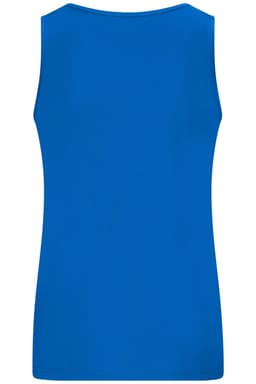 A blue active tank top with a sleeveless design and a simple back. It features a logo.