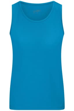 A turquoise active tank top with a sleeveless design, featuring a round neckline and a simple, clean look.