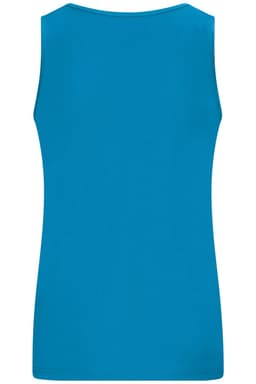A blue ladies active tank top displayed from the back. Features a simple design with a logo.