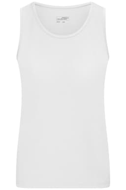 A white ladies' active tank top with a scoop neck and sleeveless design, featuring a small logo.