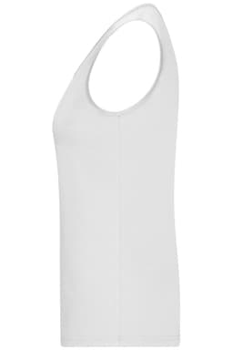 A white ladies active tank top with a sleeveless design and a fitted silhouette. It features a logo.