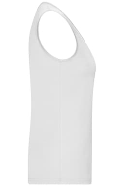 A white active tank top with a sleeveless design and a logo. Suitable for various activities.