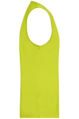 A bright yellow men's active tank top with a sleeveless design and a logo on it.
