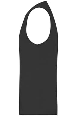 A men's active tank top in black, featuring a sleeveless design and a logo on the side.