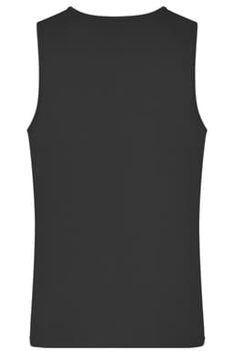 A black men's active tank top featuring a plain back design and a logo at the neckline.