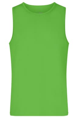 A bright green men's active tank top with a sleeveless design and a plain front. It features a logo on the side.