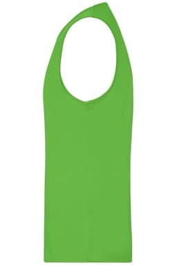 A bright green men's active tanktop with a sleeveless design and a logo on the fabric.