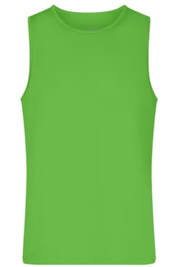 A bright green men's active tank top with a round neck and sleeveless design. It features a logo on the front.