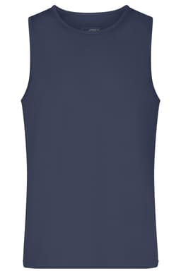 A navy blue men's active tank top with a sleeveless design and a simple logo. Suitable for workouts or casual wear.