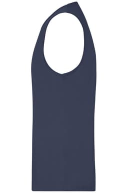 A sleeveless navy men's active tank top with a round neckline and a logo.