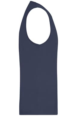 A navy blue men's active tank top with a sleeveless design and a logo on the front.
