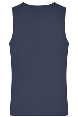 A men's active tank top in navy blue with a simple design and a logo on the back.