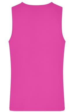 A pink men's active tank top with a sleeveless design and a plain back. The top features a logo.