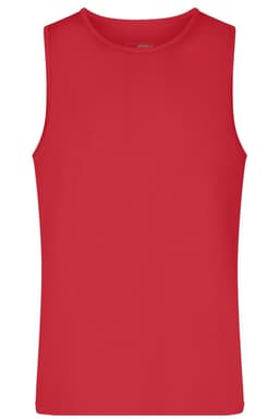 A red men's active tank top featuring a sleeveless design and a plain style, with a logo on the label.