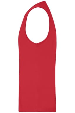 A red men's active tank top with a sleeveless design and a branding logo.