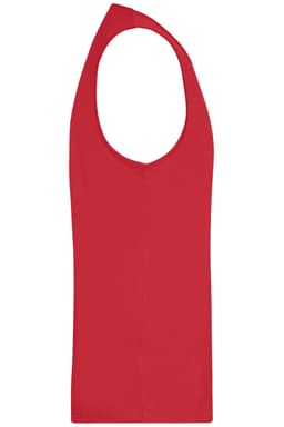 A red men's active tank top with a scoop back design and a logo on the front.