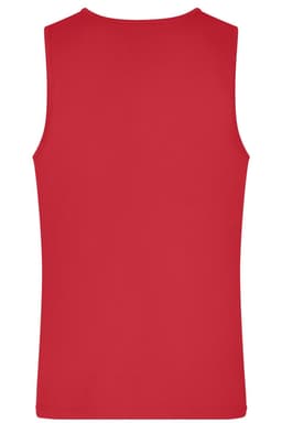 A red men's active tank top with a plain back design and a subtle logo.