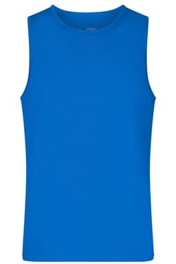 A blue men's active tank top with a sleeveless design and a simple logo.