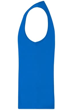 A blue men's active tank top with a sleeveless design and a round neckline, featuring a logo.