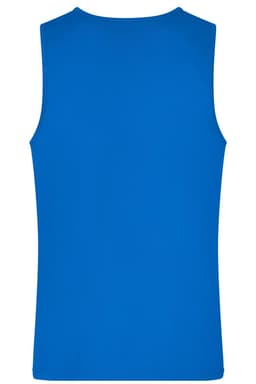 A blue men's active tank top with a simple design and a logo at the back.