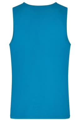 A blue men's active tank top featuring a sleeveless design and a simple cut. The back view highlights the smooth texture.
