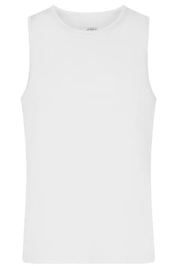 A white men's active tank top with a round neck and sleeveless design. It has a logo on the label.