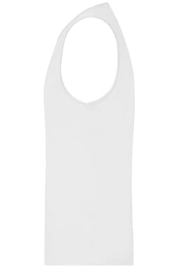 A plain white men's active tank top with a scoop neck and no sleeves. It features a logo on the back.