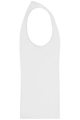 A white men's active tank top with a deep scoop neckline, featuring a simple design and no visible branding.