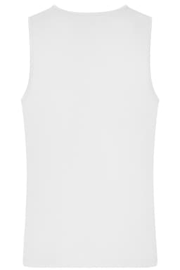 A white men's active tank top with a plain design, featuring a logo on the back.