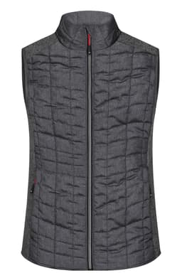 A grey knitted hybrid vest featuring a zip front and standing collar, with a textured design and side pockets.