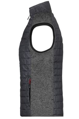 A grey and black knitted hybrid vest with a sleeveless design and a zippered pocket, featuring a logo.