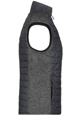 A ladies' knitted hybrid vest featuring a grey knitted fabric and dark quilted detailing, with an open arm design.