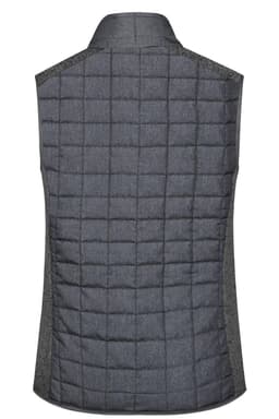 A grey knitted hybrid vest with a quilted back and a plain fabric side. Features a collar and minimal design.