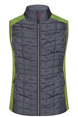 A ladies knitted hybrid vest featuring a dark grey body with bright green accents and a zip front.