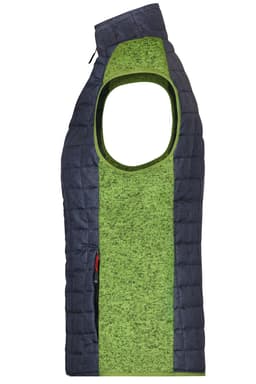 A knitted hybrid vest featuring a green and navy design, with large armholes and a zippered collar.