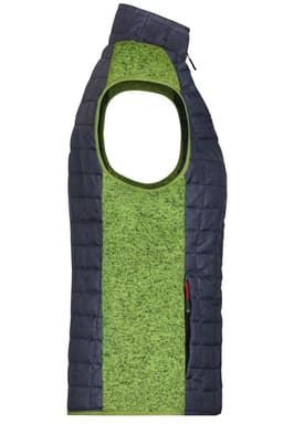 A knitted hybrid vest in vibrant green and navy, featuring a sleeveless design and structured collar.